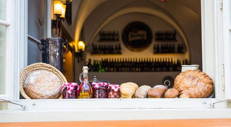 Decorative bread on the window of restaurant.の写真素材