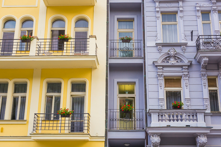 Balconies with flowers pot in the historic center of Karlovy Varyの写真素材