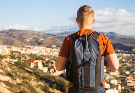 Hiker walks alone. Travel and adventures concept.の写真素材