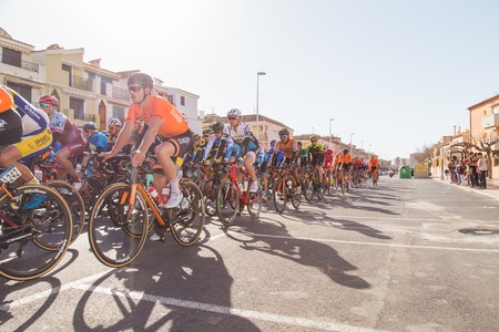 OROPESA DEL MAR, SPAIN - JANUARY 31: Unidentified riders participate in the start bicycle race in La Vuelta Valencianaのeditorial素材