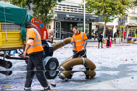 Limassol, Cyprus. - 26 February 2017 - Street sweeper machine cleaning the street after a carnival partyのeditorial素材