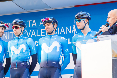 OROPESA DEL MAR, SPAIN - JANUARY 31, 2018: presentation of cyclists before the race in La Vuelta on January 31, 2018 in Oropesa Del Mar, Spainのeditorial素材
