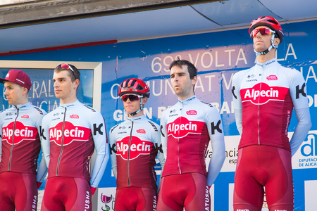 OROPESA DEL MAR, SPAIN - JANUARY 31, 2018: presentation of cyclists before the race in La Vuelta on January 31, 2018 in Oropesa Del Mar, Spainのeditorial素材