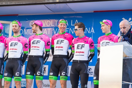 OROPESA DEL MAR, SPAIN - JANUARY 31, 2018: presentation of cyclists before the race in La Vuelta on January 31, 2018 in Oropesa Del Mar, Spainのeditorial素材