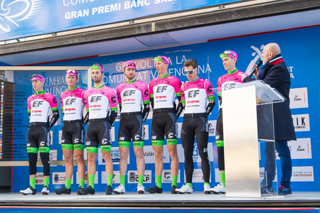 OROPESA DEL MAR, SPAIN - JANUARY 31, 2018: presentation of cyclists before the race in La Vuelta on January 31, 2018 in Oropesa Del Mar, Spainのeditorial素材