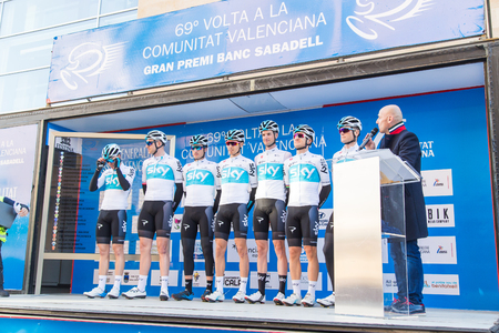OROPESA DEL MAR, SPAIN - JANUARY 31, 2018: presentation of cyclists before the race in La Vuelta on January 31, 2018 in Oropesa Del Mar, Spainのeditorial素材