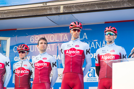 OROPESA DEL MAR, SPAIN - JANUARY 31, 2018: presentation of cyclists before the race in La Vuelta on January 31, 2018 in Oropesa Del Mar, Spainのeditorial素材