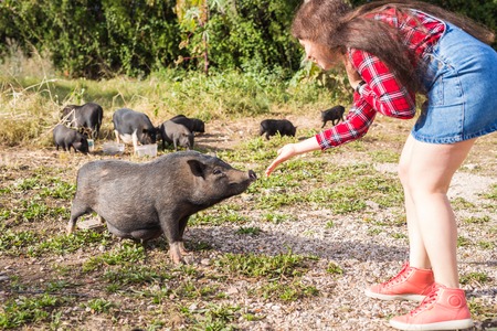 Happy young woman plays with little wild boars on nature.の写真素材