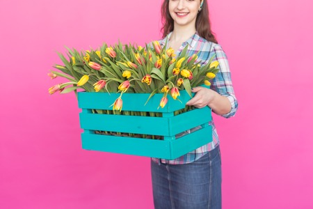 Close up of bright wooden box with yellow tulips in pink studio.の写真素材
