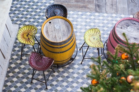 Top view of a beautiful modern street cafe interior with Christmas tree.の写真素材