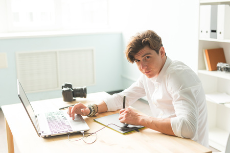 People, working and graphic tablet - young graphic designer in home office working on laptop