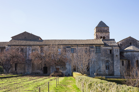 SAINT-REMY-DE-PROVENCE , FRANCE - February 12, 2018. Saint-Paul-de-Mausole, St-Remy-de-Provence. Facade of the courtyard in the monastery.のeditorial素材