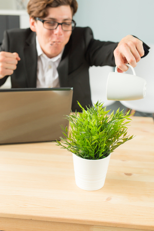 Office, humor, joke and business people concept - handsome man working in office, watering potted plantの写真素材