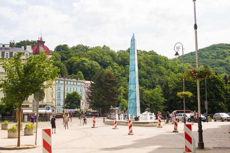 KARLOVY VARY, CZECH REPUBLIC - JUNE 12, 2017: Beautiful street in Karlovy Vary, Czech Republic. It is the most visited spa town in the Czech Republicのeditorial素材