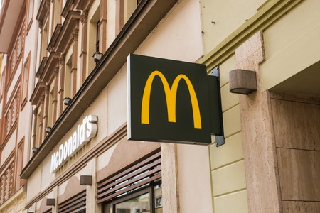KARLOVY VARY, CZECH REPUBLIC - JUNE 12, 2017: Mc Donalds logo on a facadeのeditorial素材