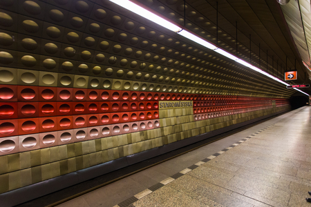 PRAGUE, CZECH REPUBLIC - JUNE 7, 2017: A metro underground station of Prague Metro with characteristic decoration of coloured aluminium panelsのeditorial素材
