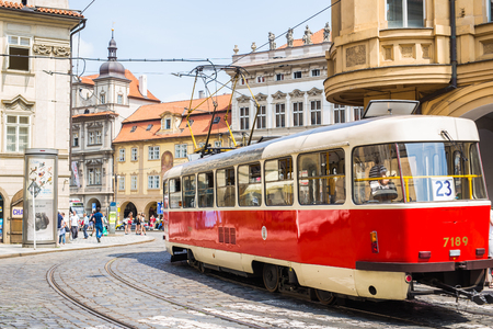 PRAGUE, CZECH REPUBLIC - MAY 31, 2017: Tram in Prague in a beautiful summer day, Czech Republicのeditorial素材