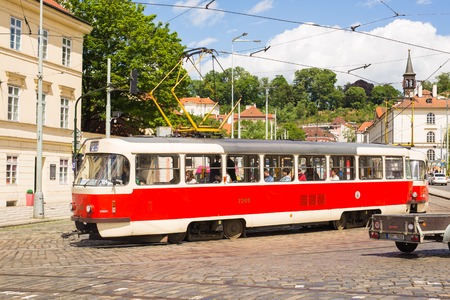 PRAGUE, CZECH REPUBLIC - JUNE 7, 2017: Tram in Prague in a beautiful summer day, Czech Republicのeditorial素材