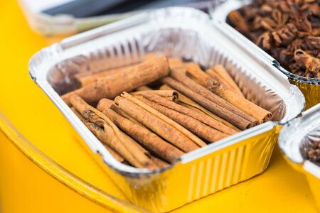 A lot of cinnamon sticks close-up.