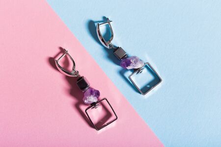 Perfect accessories. Trendy jewelry set. Fashion jewelry and bijouterie. Top view.の写真素材