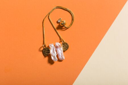 Top view of fashion jewelry and accessories on bright color background. Luxurious jewelry bijouterie and trendy.の写真素材