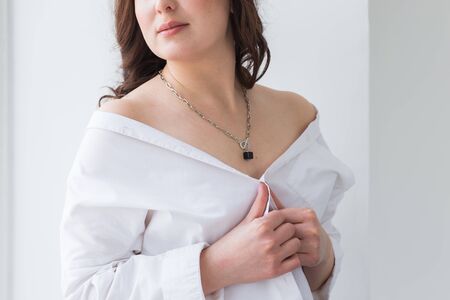Close-up of woman wearing a Jewelry, bijouterie and accessories.の写真素材