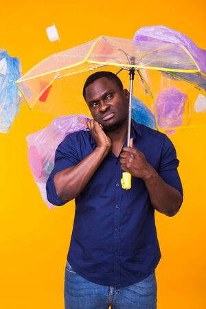 Problem of trash, plastic recycling, pollution and environmental concept - Serious african american...