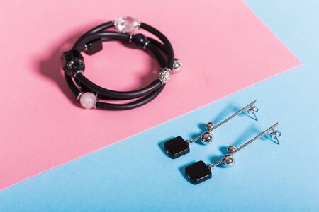 Perfect accessories. Trendy jewelry set. Fashion jewelry and bijouterie. Top view.の写真素材