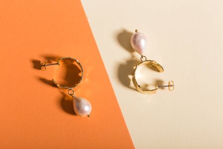 Perfect accessories. Trendy jewelry set. Fashion jewelry and bijouterie. Top view.の写真素材