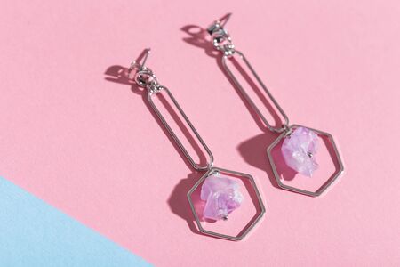 Perfect accessories. Trendy jewelry set. Fashion jewelry and bijouterie. Top view.の写真素材