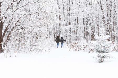 A young and beautiful couple is having fun in the snowy park, running and holding hands. Valentines Day concept. Winter season.の写真素材