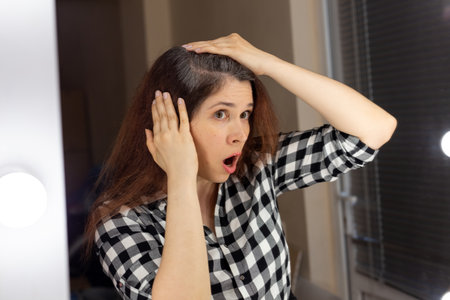 Horrified young woman looking in mirror staring open mouthed at the first grey hair, a first sign of ageing.の写真素材