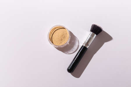 Mineral face powder and brush. Eco-friendly and organic beauty productsの写真素材