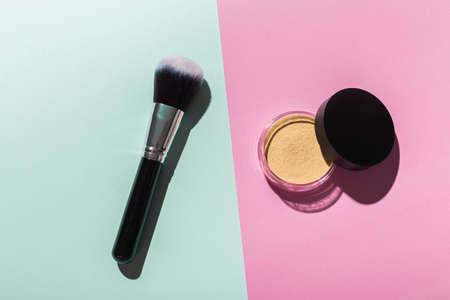 Mineral face powder and brush. Eco-friendly and organic beauty products