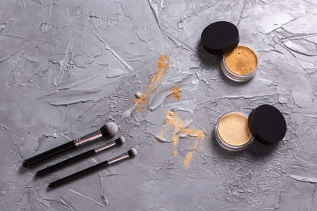 Mineral face powder and brush. Eco-friendly and organic beauty productsの写真素材