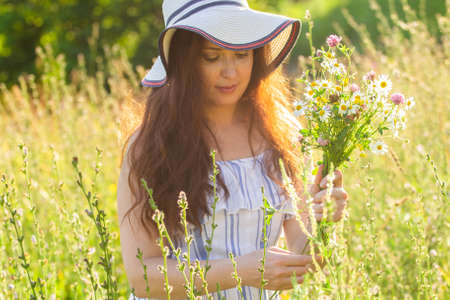 Young woman picking flowers in the meadow in summer eveningの写真素材