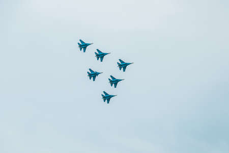 UFA, RUSSIA - JULY 10, 2021: Sukhoi Su-30SM 31 BLUE, code name: Flanker-C, jet fighter of Russian Knights team of Russian Air Force making air showのeditorial素材