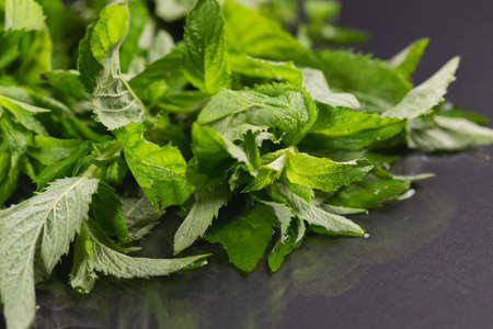 Mint leaves on black background. Peppermint lying on table