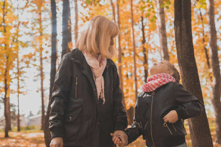 Grandmother with granddaughter in autumn park. Generation and family concept.の写真素材