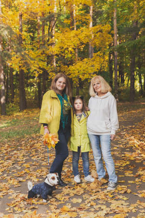 Portrait of three generations of happy beautiful woman and dog looking at camera, hugging and smiling in autumn nature.の写真素材