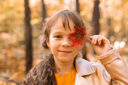 Close portrait of a little girl. She covers her eye with a maple autumn leaf. Fall season and children concept.の写真素材