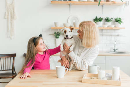 Happy granddaughter and grandmother in the kitchen with jack russell terrier dog. Grandma and...