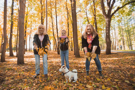 Grandmother and mother with granddaughter throw up fall leaves in autumn park and having fun. Generation, leisure and family concept.の写真素材