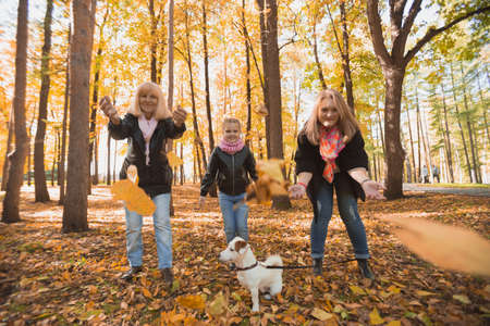 Grandmother and mother with granddaughter throw up fall leaves in autumn park and having fun. Generation, leisure and family concept.の写真素材