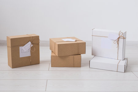 Many boxes with space for advertisement delivered from online store. Internet shopping and delivery concept. Mockupの写真素材