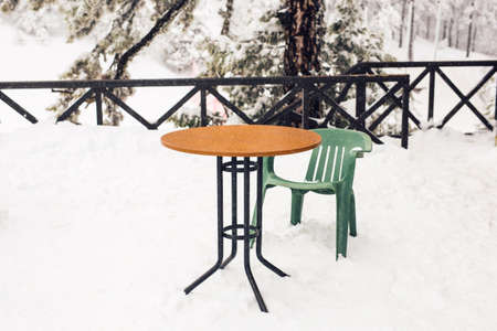 A terrace with snow. Winter ski resort cafeの写真素材
