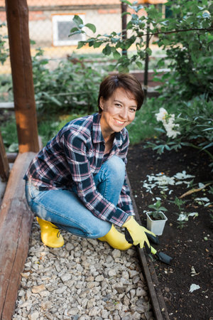 Female hands holding the soil with a young plant. Planting seedlings in the soil. There is shoulder blade nearby. The concept of conservation of nature and agriculture and gardeningの写真素材