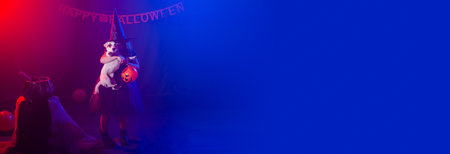 Banner funny child girl in witch costume for Halloween with pumpkin Jack and dog copy spaceの写真素材