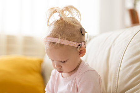 Baby with cochlear implants at home. Deafness and medical technology concept.の写真素材