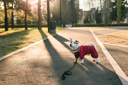 Portrait of cute Jack Russell dog in suit walking in autumn park copy space and empty place for text. Puppy pet is dressed in sweater walksの写真素材